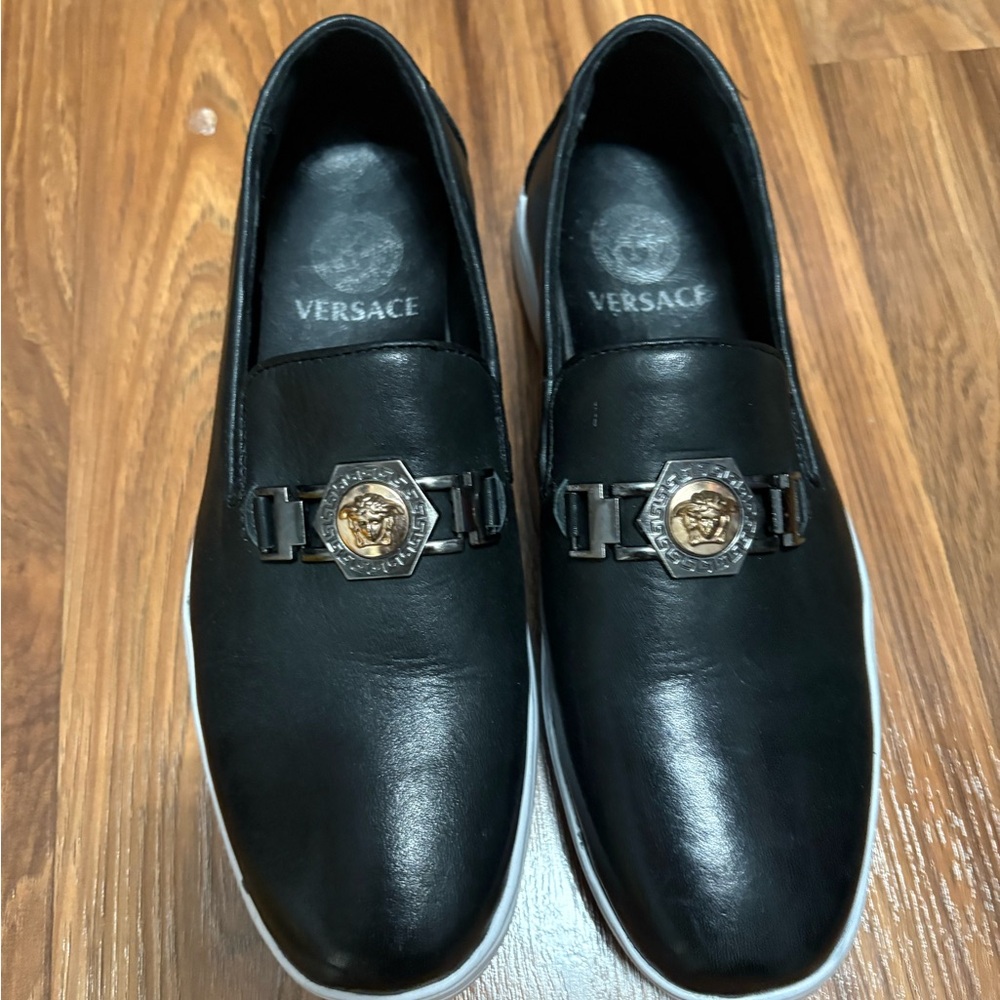 Versace Black Slip-On Loafers with Gold Accent